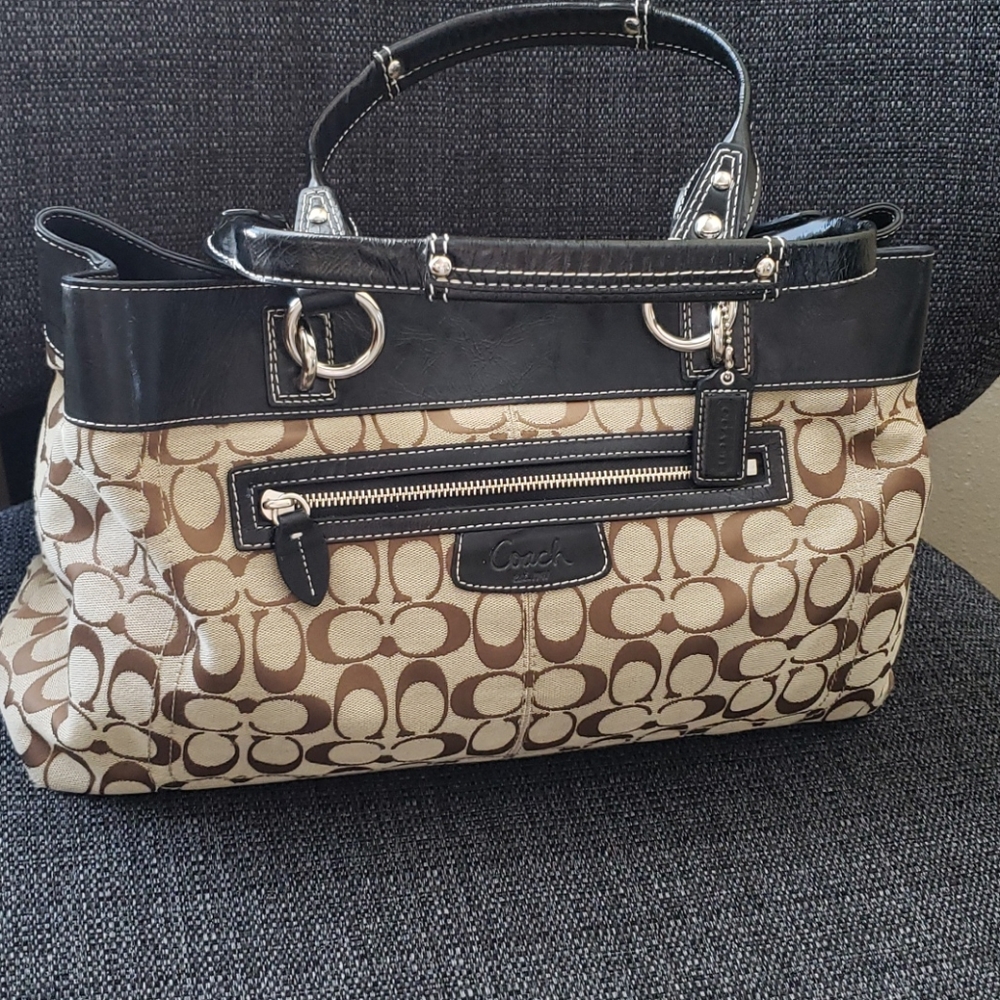Coach Tote Tan LOGO  with Black Leather Trim
